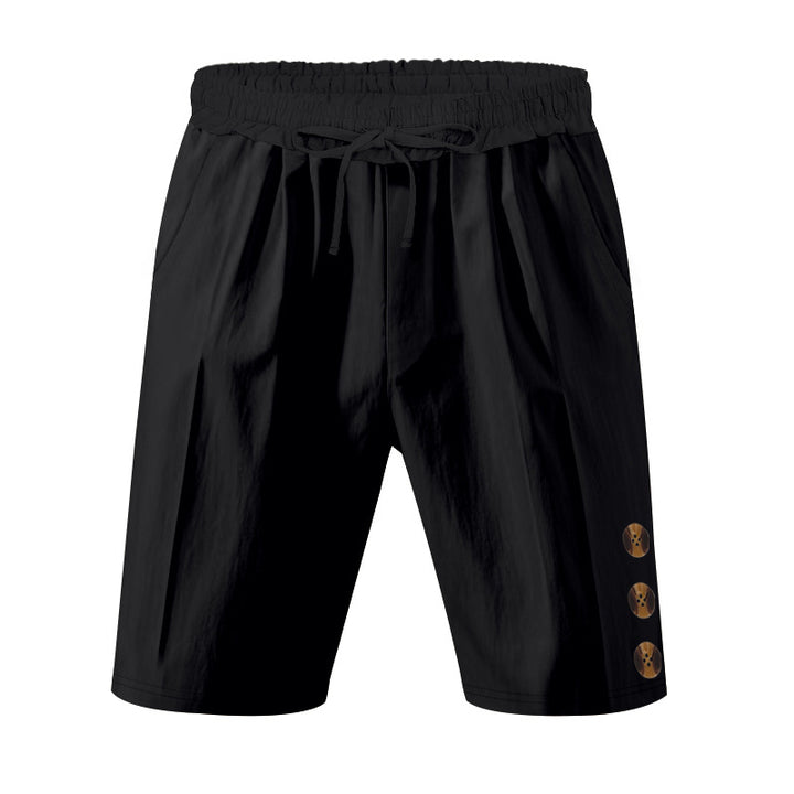 Men's knee-length casual Bermuda shorts with elastic tunnel drawstring waist, side slit pockets, and round decorative appliqués StylebySassy