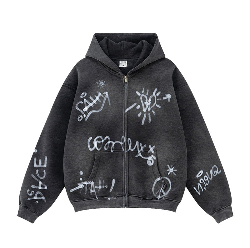 Unisex oversized hoodie jacket with full-length zipper, brushed fleece lining, and hand-like spray print StylebySassy