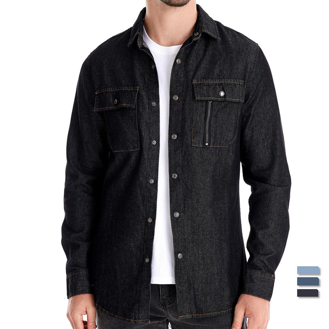 Men's tailored denim shirt with Kent collar, patch chest pockets and contrast stitching StylebySassy