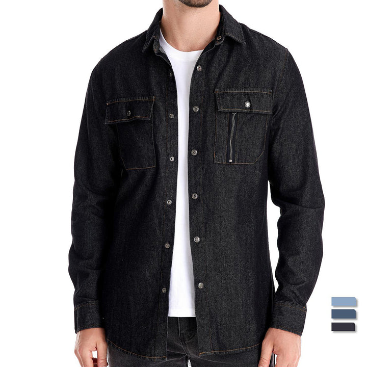 Men's tailored denim shirt with Kent collar, patch chest pockets and contrast stitching StylebySassy