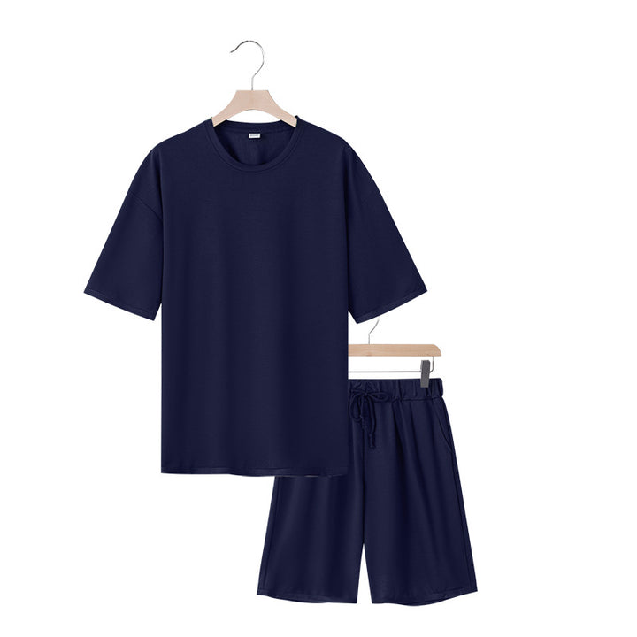 Men's relaxed jersey set with extended round neck t-shirt and elastic drawstring shorts StylebySassy