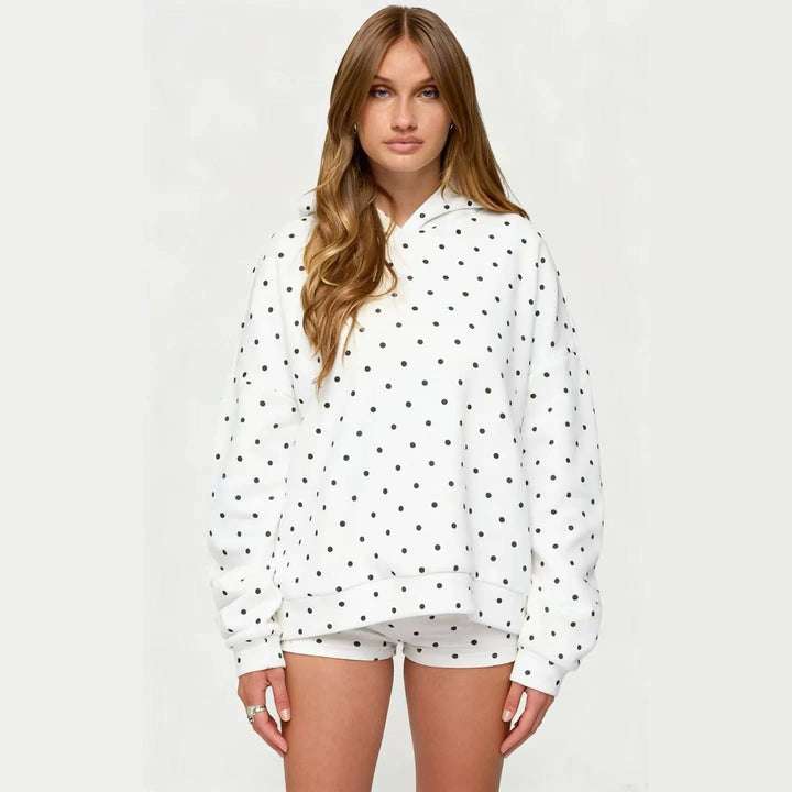 Women's dotted comfort set with hooded sweatshirt, kangaroo pocket and shorts StylebySassy