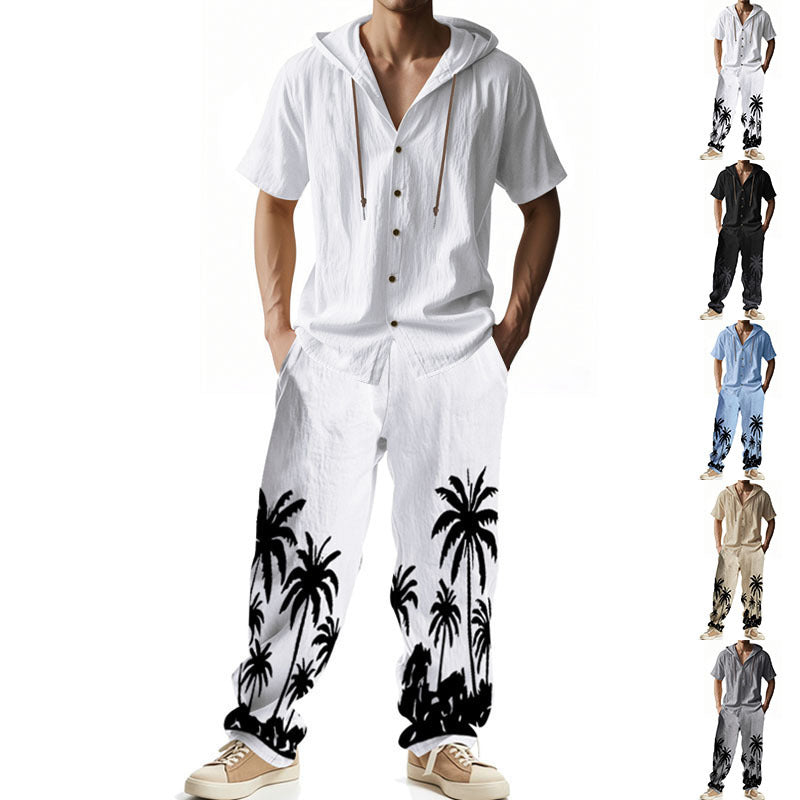 Men's casual summer ensemble with hoodie and wide palm motif pants StylebySassy