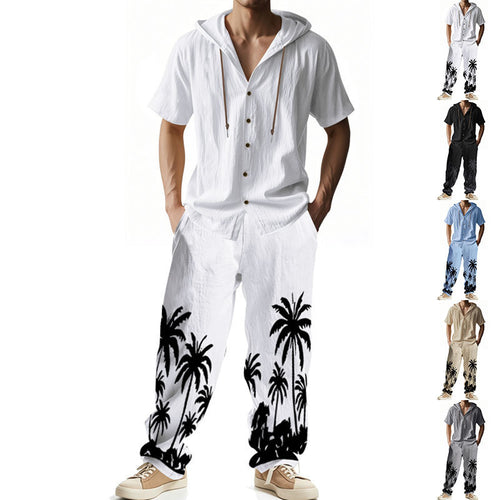 Men's casual summer ensemble with hoodie and wide palm motif pants StylebySassy