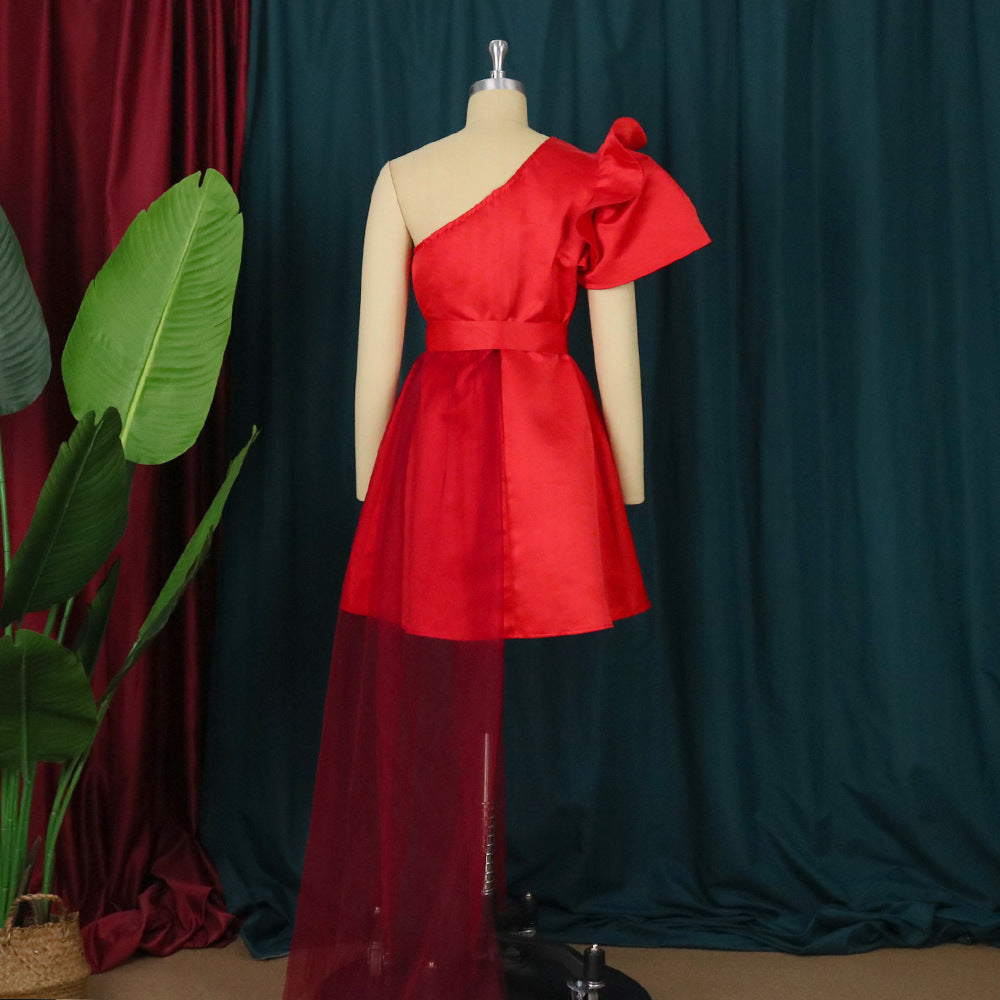 Women asymmetrical cocktail dress with ruffle and waist lacing StylebySassy