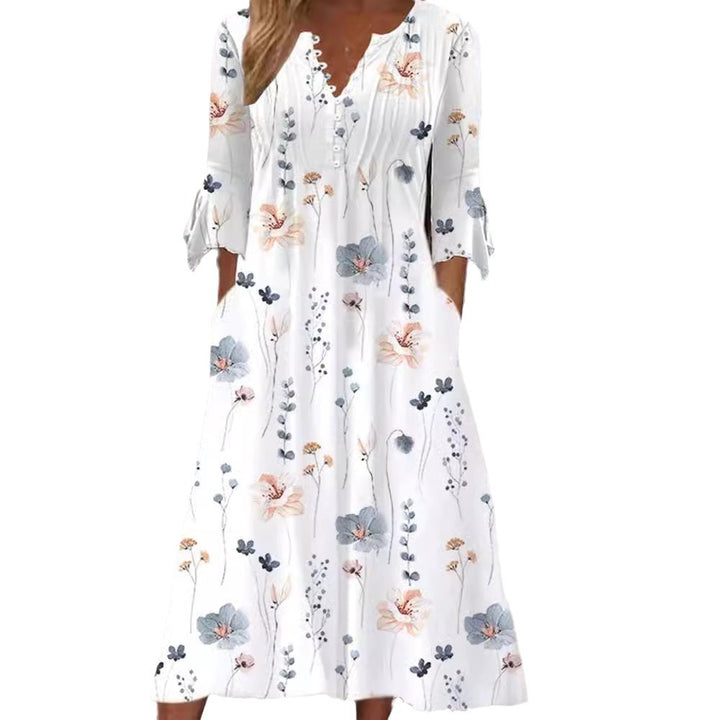 Women flowing midi dress with V-neck, decorative button placket, chest pleats, bow sleeves and side pockets StylebySassy