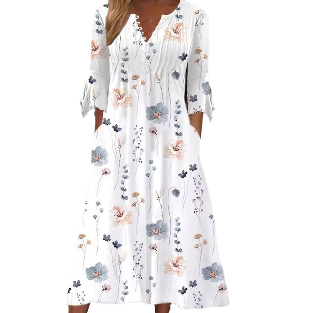 Women's flowing maxi dress with V-neck, chest yoke, ruffled sleeves and pockets StylebySassy
