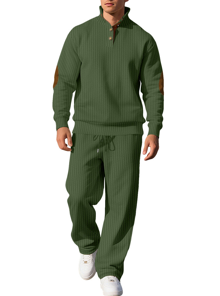 Men's fine ribbed sweater with half button placket, high stand-up collar, and contrasting suede elbow patches StylebySassy