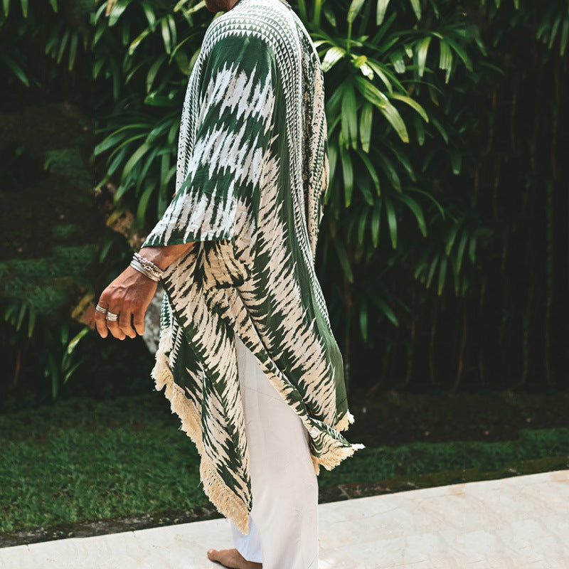 Men's lightweight beach poncho in kimono style with fringe StylebySassy