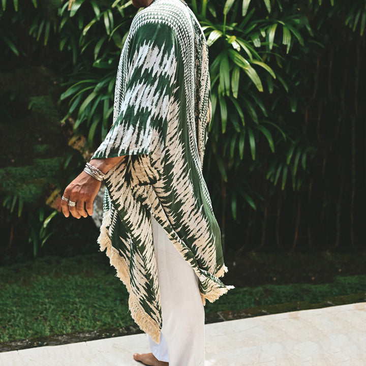 Men's lightweight beach poncho in kimono style with fringe StylebySassy