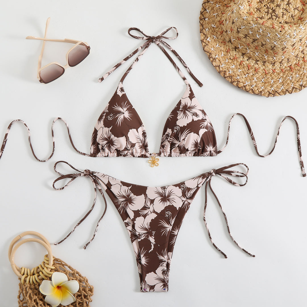 Women's Triangle Bikini Set with Floral Design and Playful Ties StylebySassy