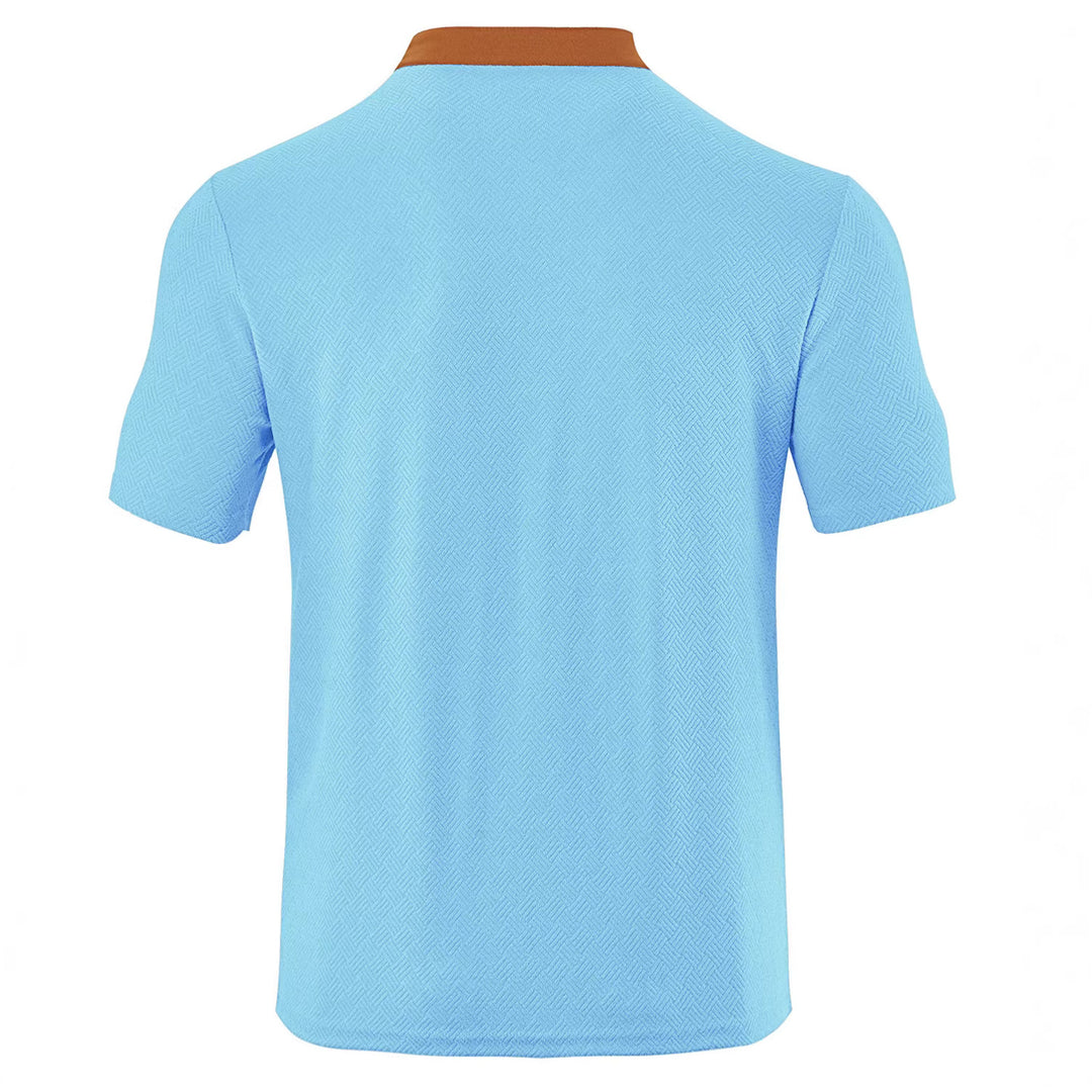 Men's slim short sleeve Henley polo shirt with Mandarin collar and fine jacquard texture StylebySassy
