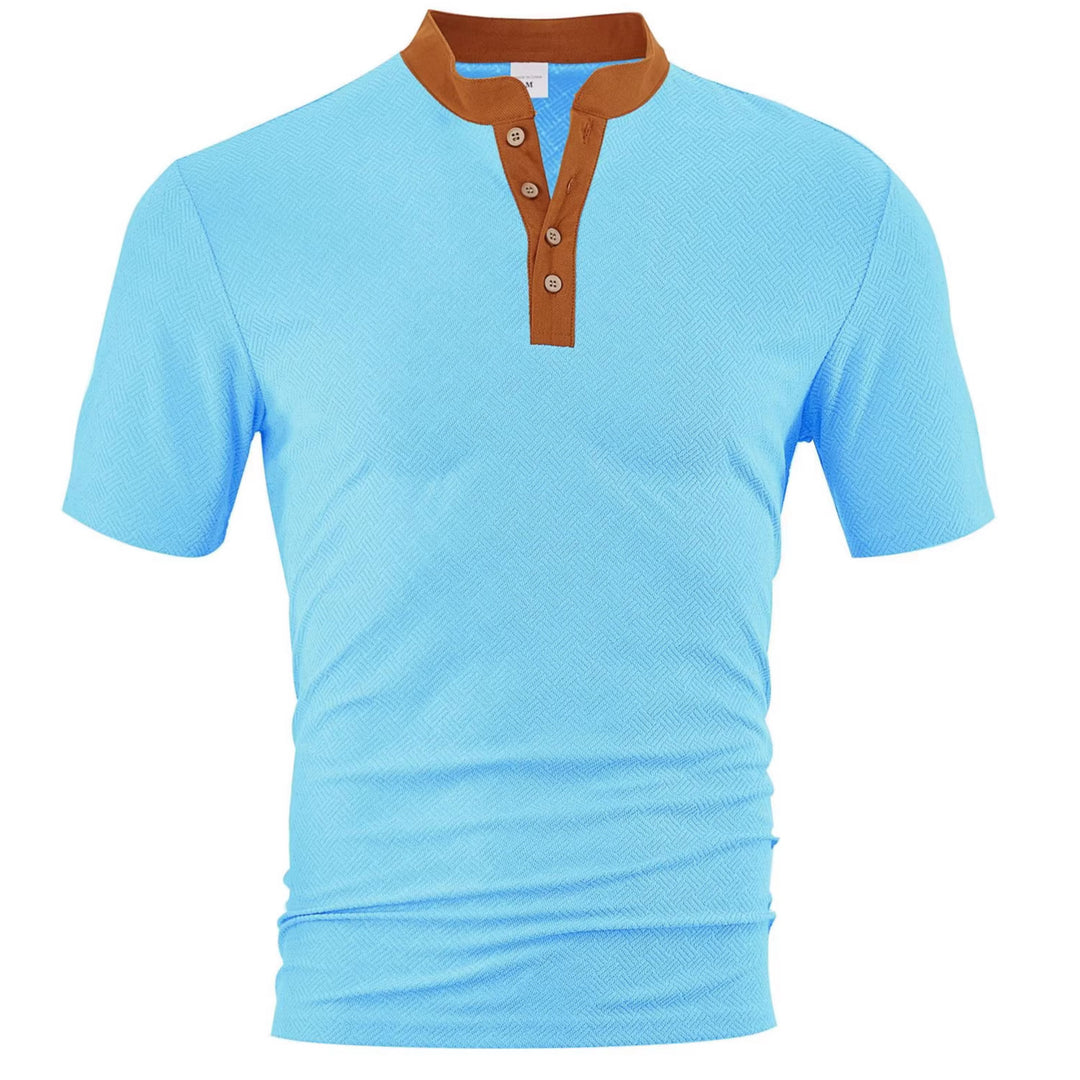 Men's slim short sleeve Henley polo shirt with Mandarin collar and fine jacquard texture StylebySassy