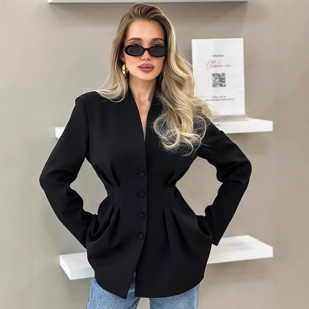 Women's nan tailored blazer with Vienna seams, covered buttons, and fitted pleated silhouette StylebySassy