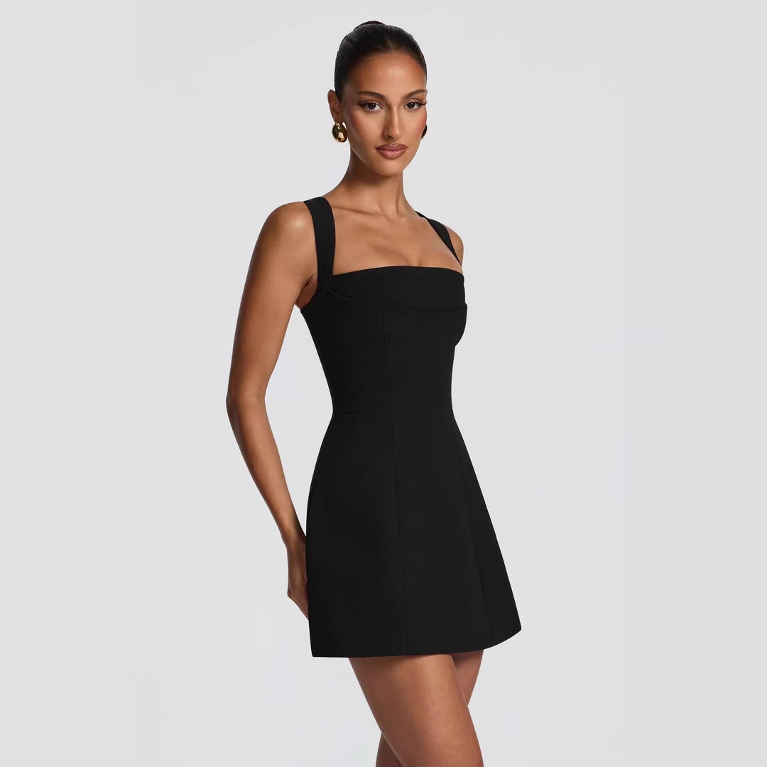 Women's fitted mini dress with wide straps and elegant neckline StylebySassy