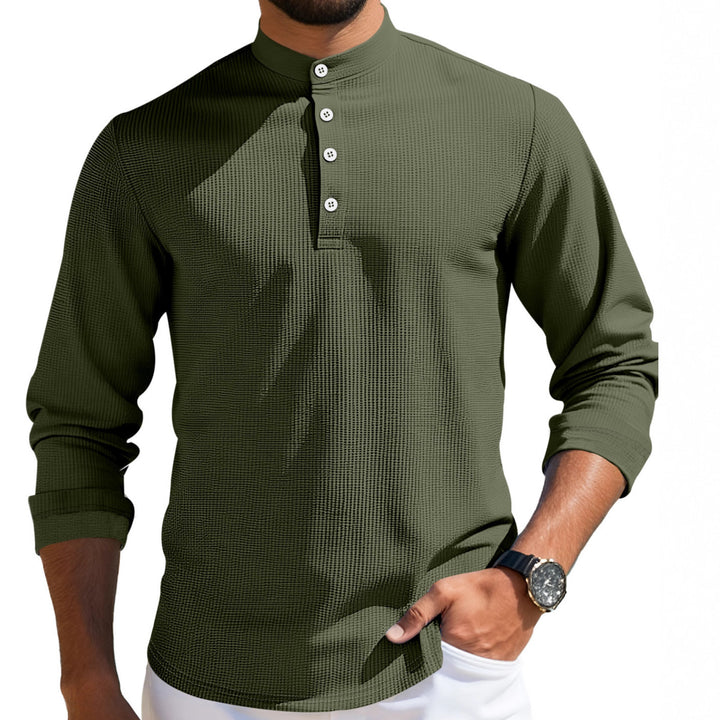 Men's structured long-sleeve henley with Nehru collar and tone-on-tone button placket StylebySassy