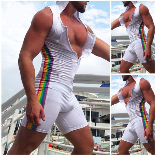 Men's sleeveless hooded short jumpsuit with full zip and ergonomic crotch solution StylebySassy