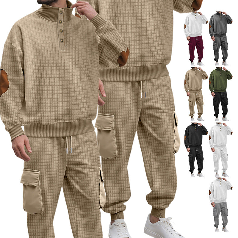 Men's check relief sweat set with stand collar button placket, velour elbow patches and cargo jogger StylebySassy