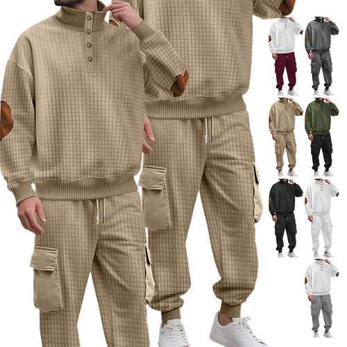 Men's check relief sweat set with stand collar button placket, velour elbow patches and cargo jogger StylebySassy