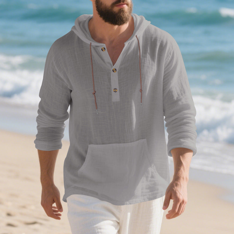 Men's lightweight hooded henley made of linen-cotton blend with kangaroo pocket and button placket StylebySassy