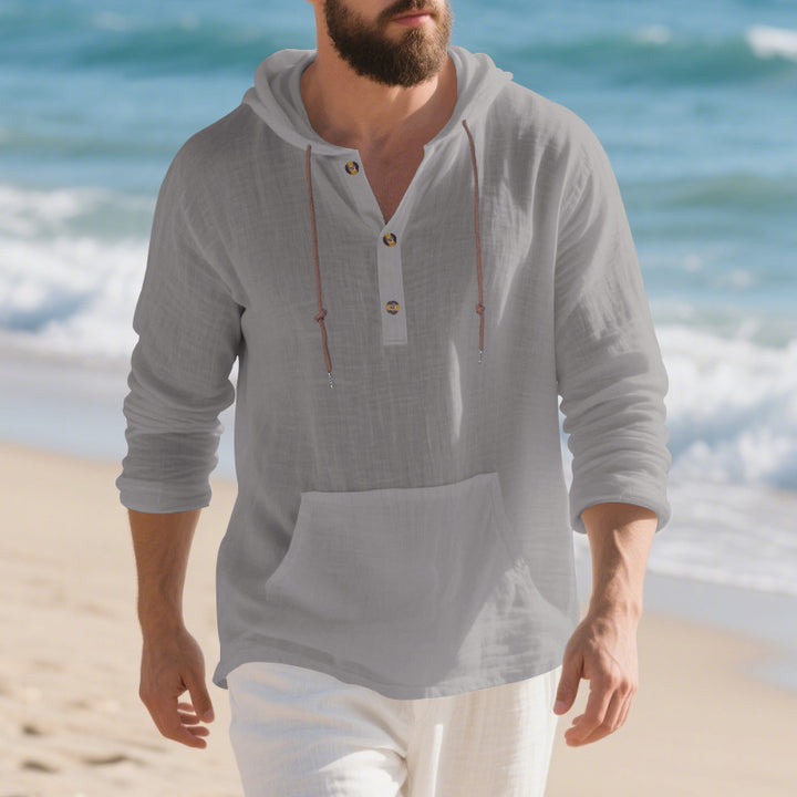 Men's lightweight hooded henley made of linen-cotton blend with kangaroo pocket and button placket StylebySassy