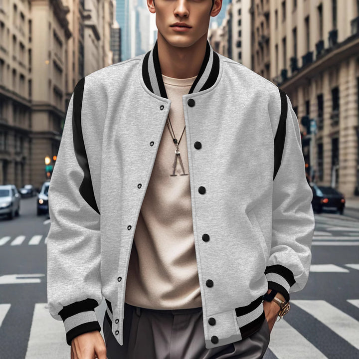 Men's lightweight college jacket in varsity look with press-stud closure, ribbed cuffs, and contrast shoulder trim StylebySassy