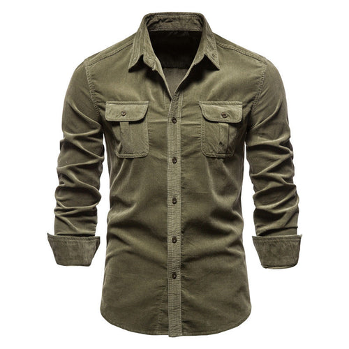Men's long-sleeved cord shirt with applied breast pockets and Kent collar StylebySassy