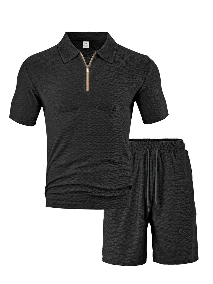 Men's comfortable short sleeve half zip set with polo collar and elastic cord pants made of textured knit StylebySassy