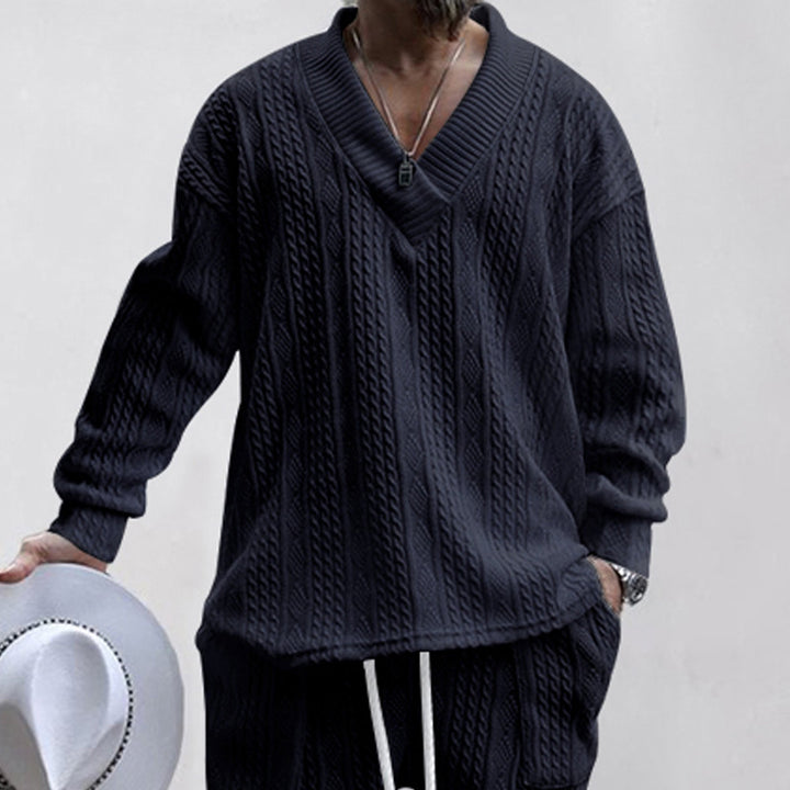 Men's cable knit set with deep V-neck and drawstring joggers StylebySassy