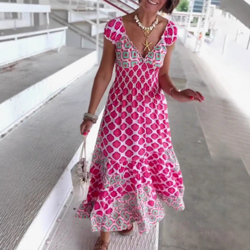 Women’s summer tiered dress with smocked top, V-neckline and puff sleeves StylebySassy