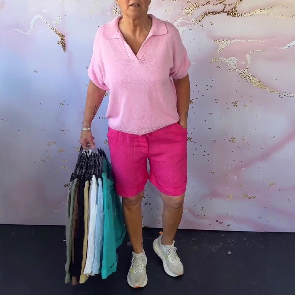 Women's linen bermuda shorts with turn-up hem, button and zip fastening, as well as side pockets StylebySassy