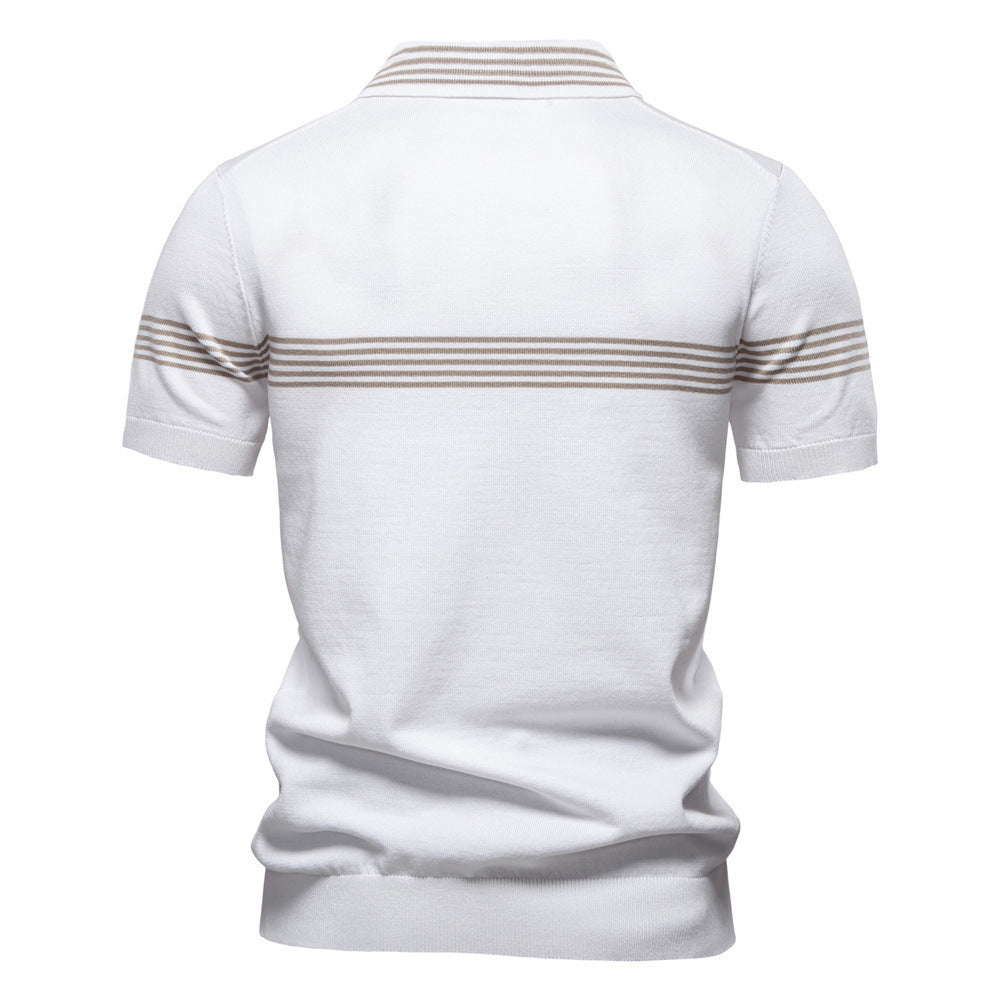Men's noble fine-knit polo shirt with short metal zipper, cuffed sleeves, and contrasting striped bands StylebySassy