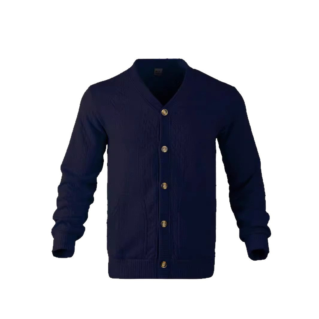 Men's elegant braided knit cardigan with V-neck button placket and patch pockets StylebySassy