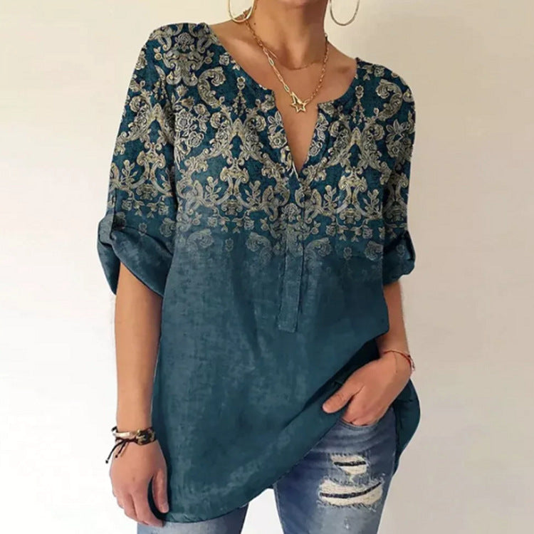 Women's V-neck tunic in linen look with ornamental border print, rolled-up sleeves, and rounded hem StylebySassy