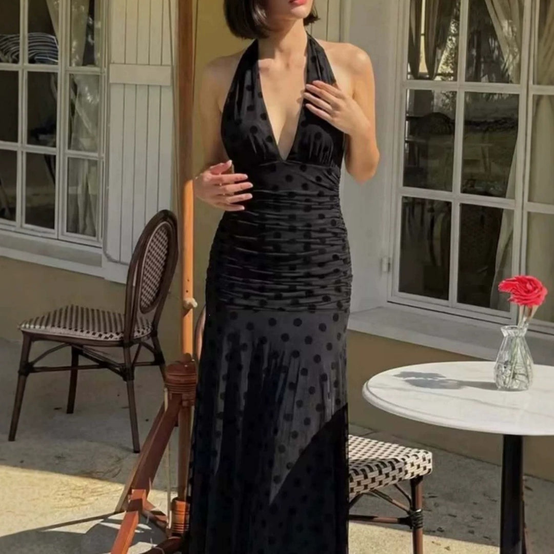 Women's Elegant Maxi Dress with Deep V-Neck and Delicate Ruffles