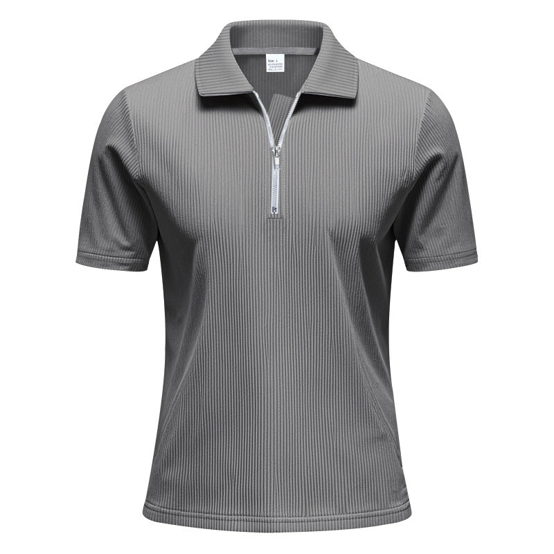 Men's short-sleeved polo with a short zipper at the collar and fine ribbed texture StylebySassy