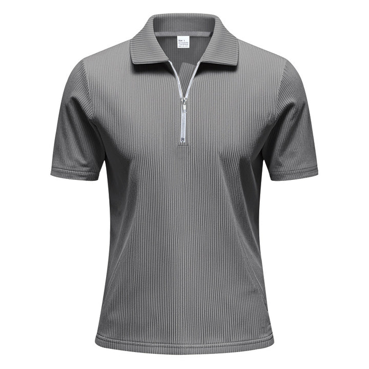Men's short-sleeved polo with a short zipper at the collar and fine ribbed texture StylebySassy
