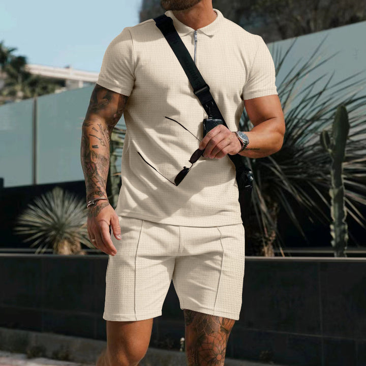 Men's casual polo shirt and chino shorts set with half zipper, textured jersey and subtle crease StylebySassy