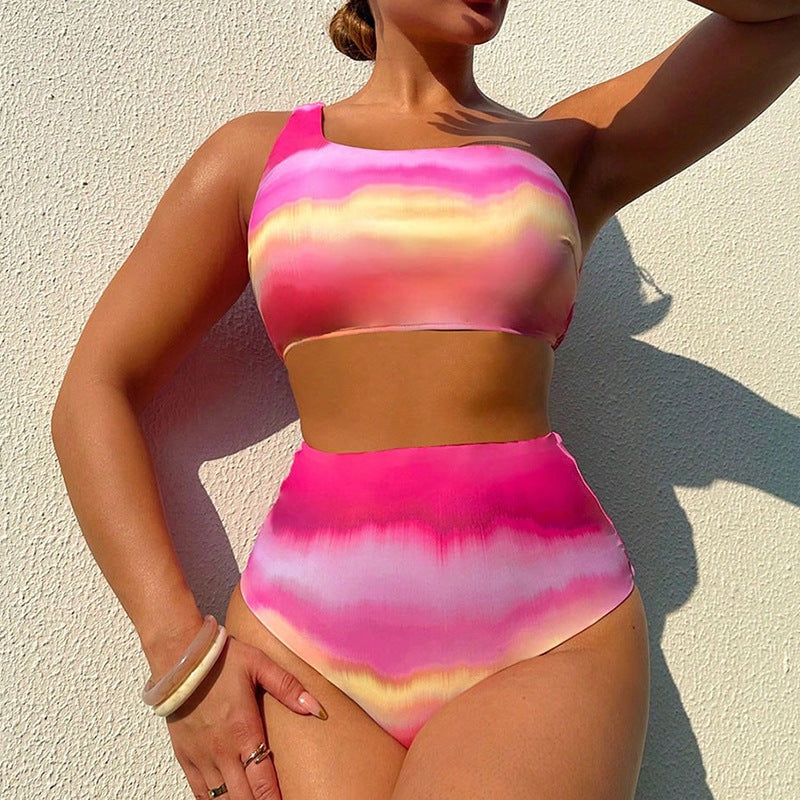 Women High-Waisted Bikini Set with Asymmetrical Top and Colorful Gradient StylebySassy