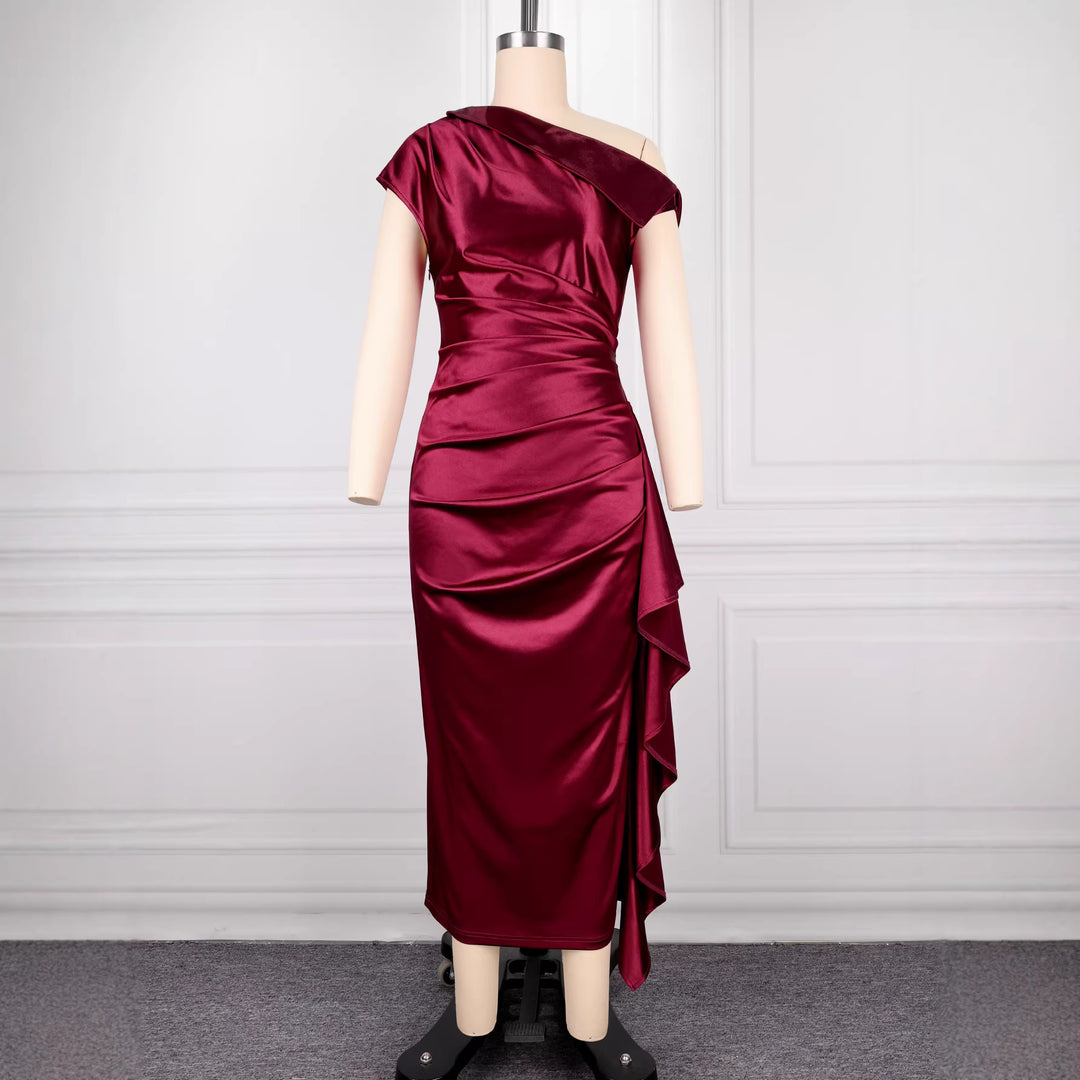 Ladies elegant satin evening dress with asymmetrical ruffled details StylebySassy