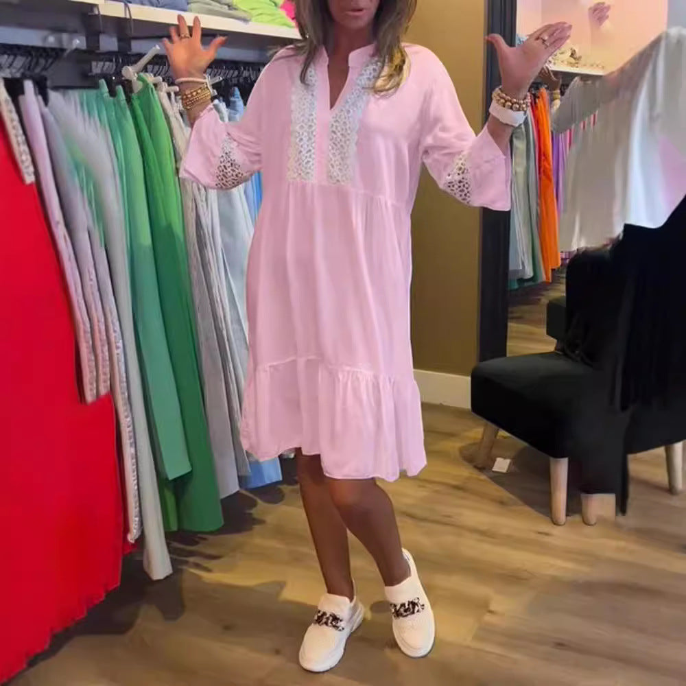 Women’s loose babydoll tunic dress with lace insert, V-neck, stand-up collar, and tiered ruffle StylebySassy