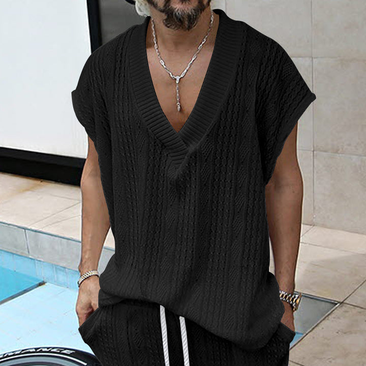 Men's knitted top made of coarse knit with deep V-neck and textured pattern StylebySassy