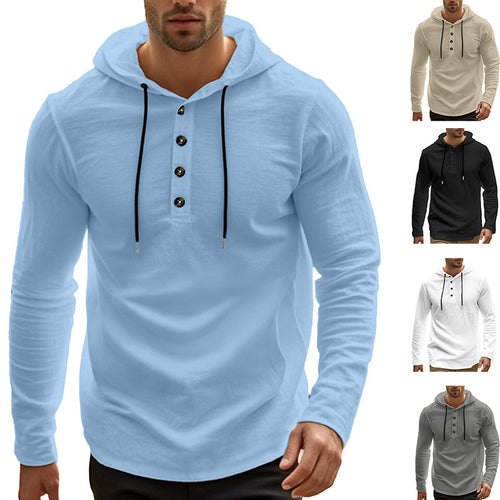 Men's casual hoodie in Henley style with button placket and adjustable drawstring StylebySassy