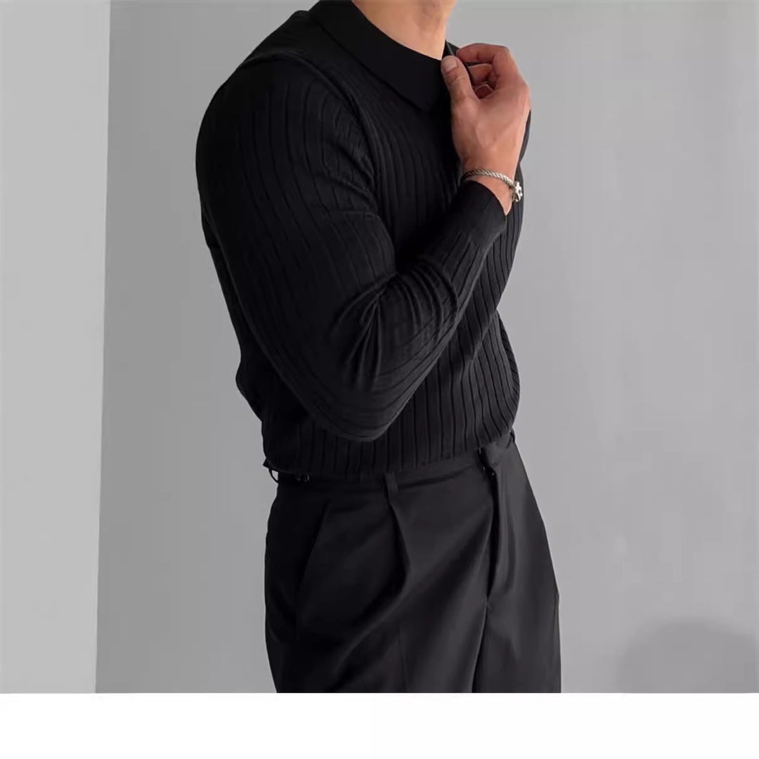 Men's fitted ribbed polo sweater with open V-neck and slim fit StylebySassy