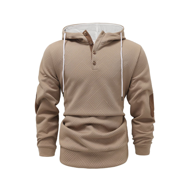 Men's structured hoodie in Henley style with contrast trim and elbow patches StylebySassy