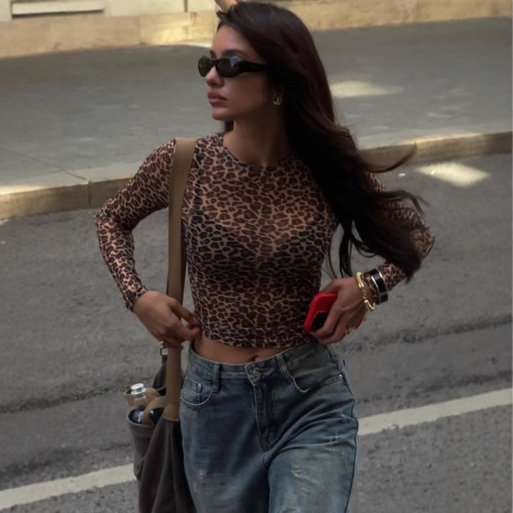Women’s Stylish, figure-hugging Long Sleeve Crop Top with Leopard Print StylebySassy