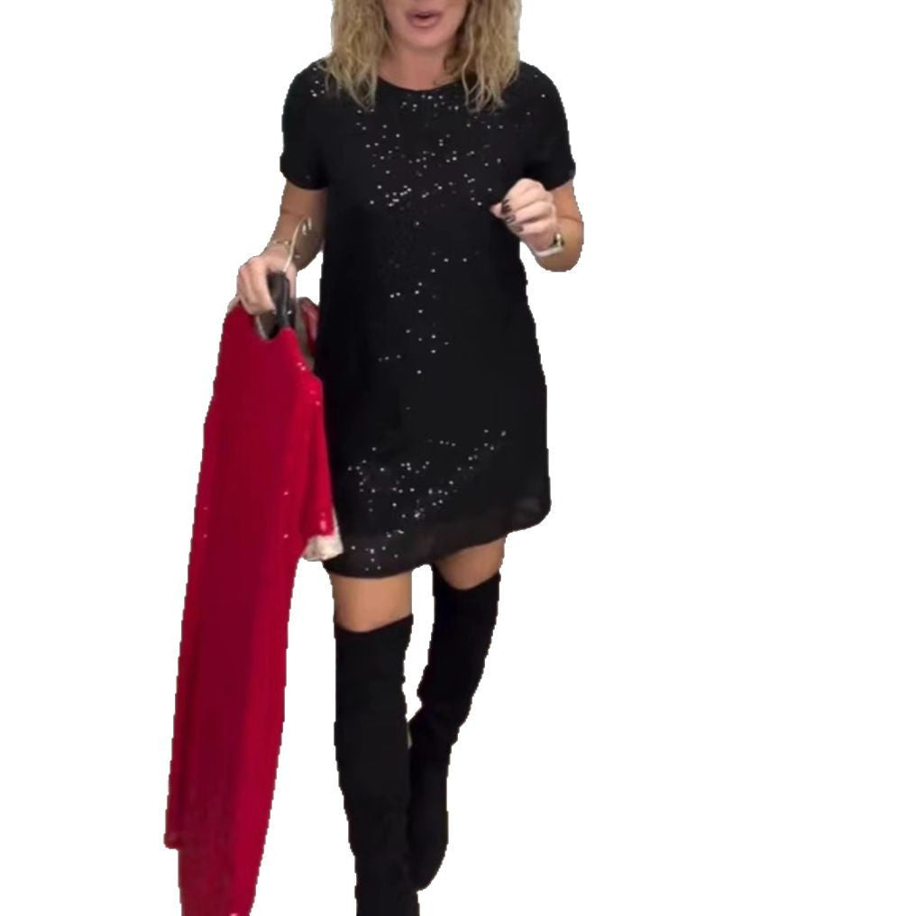 Women's sparkling shift mini dress with sequin trim and transparent hem StylebySassy