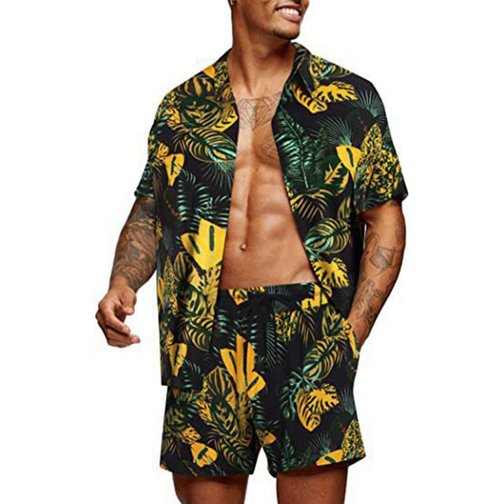 Men's tropical short sleeve shirt and swim shorts set with lapel collar, drawstring, and practical side pockets StylebySassy
