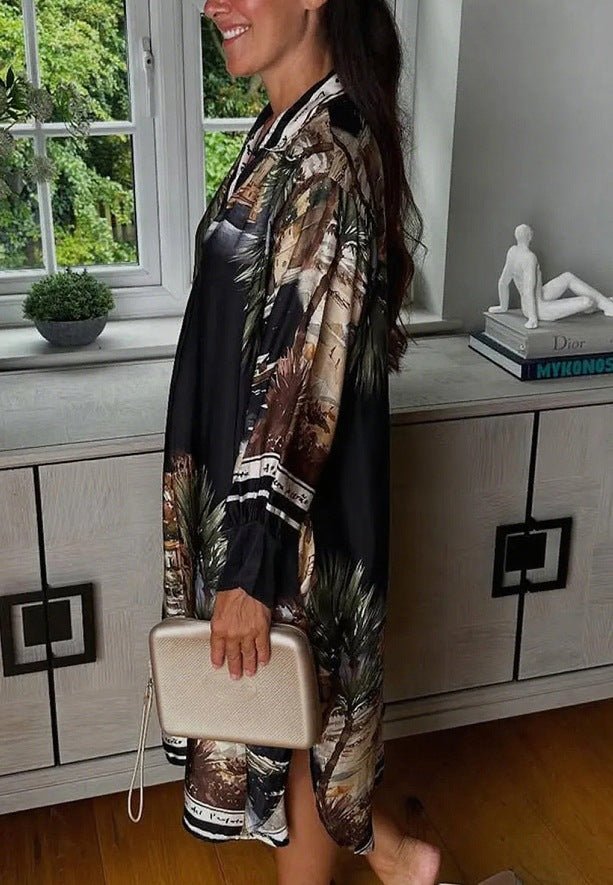 Women's blouse dress in silk look, kaftan style, with an illustrative coastal print StylebySassy