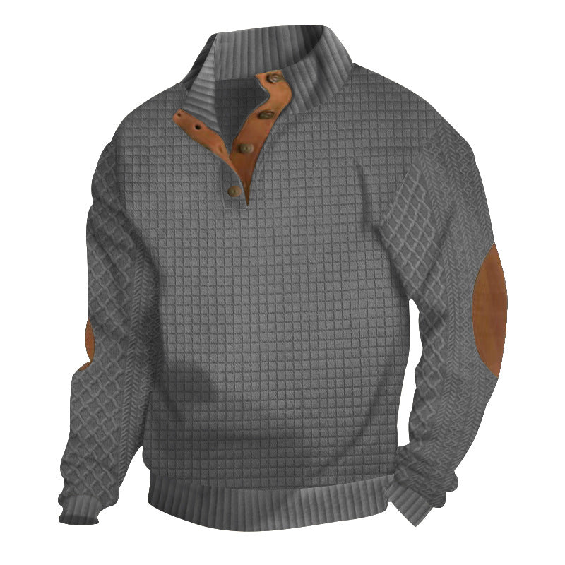 Men's Half-button Stand-up Collar Sweater with Honeycomb Structure and Leather Details StylebySassy